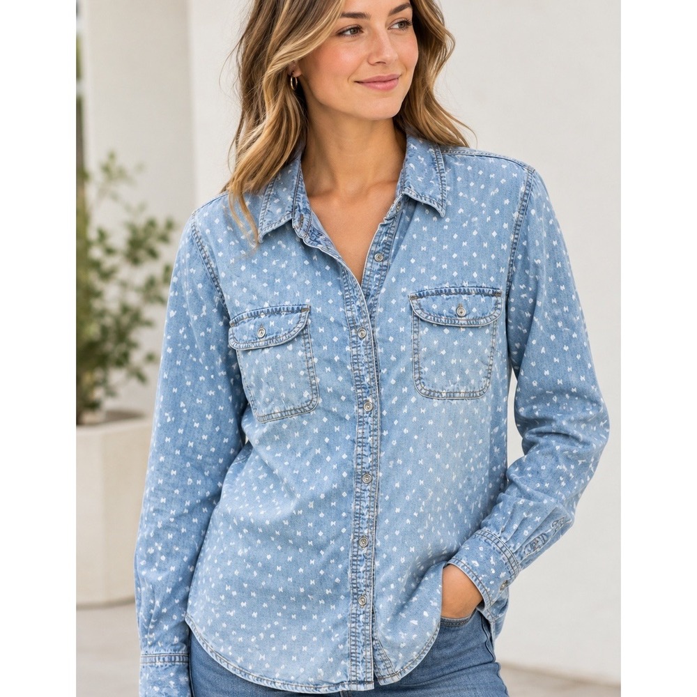 Anthropologie Life in Progress Sz L Blue Western Aztec Geometric Button Up Boho